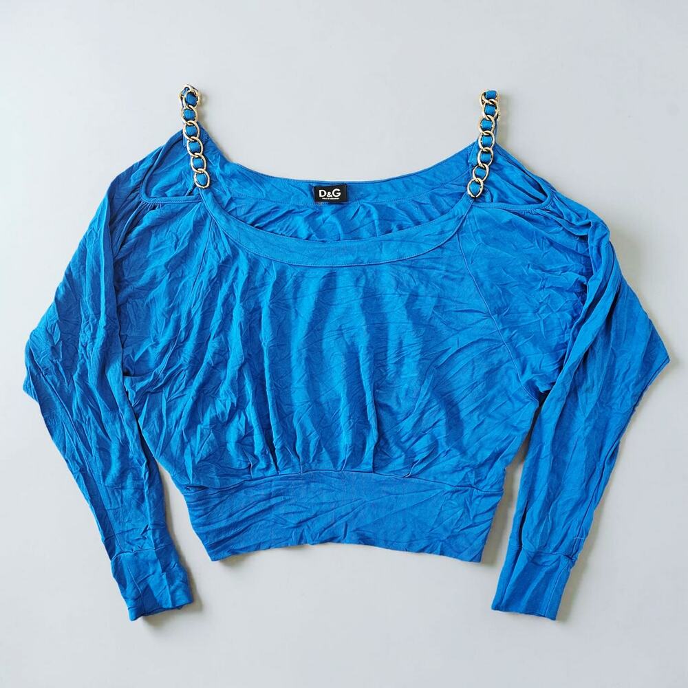 Y2k D&G Cold Shoulder Top Blue Chain Detail - Large